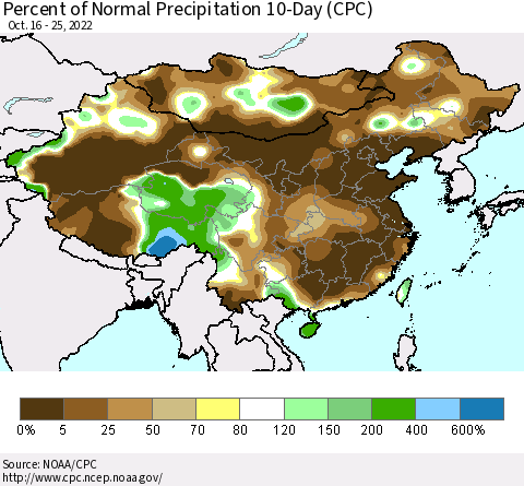 China, Mongolia and Taiwan Percent of Normal Precipitation 10-Day (CPC) Thematic Map For 10/16/2022 - 10/25/2022