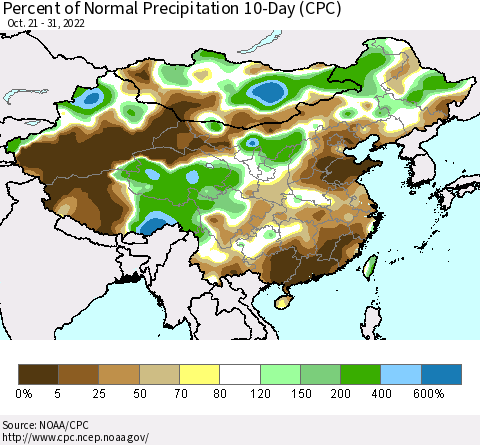 China, Mongolia and Taiwan Percent of Normal Precipitation 10-Day (CPC) Thematic Map For 10/21/2022 - 10/31/2022