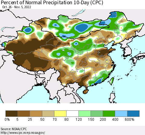 China, Mongolia and Taiwan Percent of Normal Precipitation 10-Day (CPC) Thematic Map For 10/26/2022 - 11/5/2022