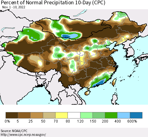 China, Mongolia and Taiwan Percent of Normal Precipitation 10-Day (CPC) Thematic Map For 11/1/2022 - 11/10/2022