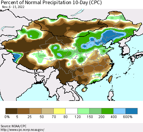 China, Mongolia and Taiwan Percent of Normal Precipitation 10-Day (CPC) Thematic Map For 11/6/2022 - 11/15/2022