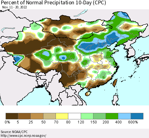 China, Mongolia and Taiwan Percent of Normal Precipitation 10-Day (CPC) Thematic Map For 11/11/2022 - 11/20/2022