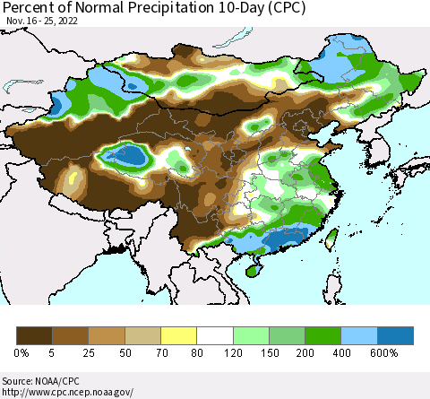 China, Mongolia and Taiwan Percent of Normal Precipitation 10-Day (CPC) Thematic Map For 11/16/2022 - 11/25/2022