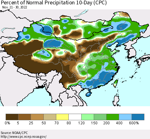 China, Mongolia and Taiwan Percent of Normal Precipitation 10-Day (CPC) Thematic Map For 11/21/2022 - 11/30/2022