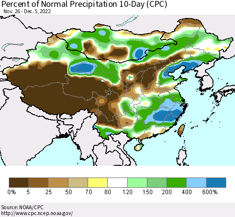China, Mongolia and Taiwan Percent of Normal Precipitation 10-Day (CPC) Thematic Map For 11/26/2022 - 12/5/2022
