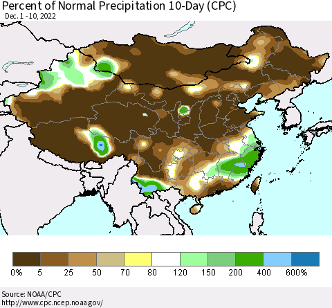 China, Mongolia and Taiwan Percent of Normal Precipitation 10-Day (CPC) Thematic Map For 12/1/2022 - 12/10/2022