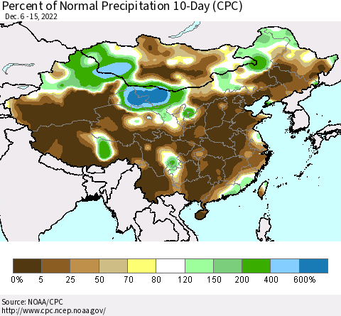 China, Mongolia and Taiwan Percent of Normal Precipitation 10-Day (CPC) Thematic Map For 12/6/2022 - 12/15/2022