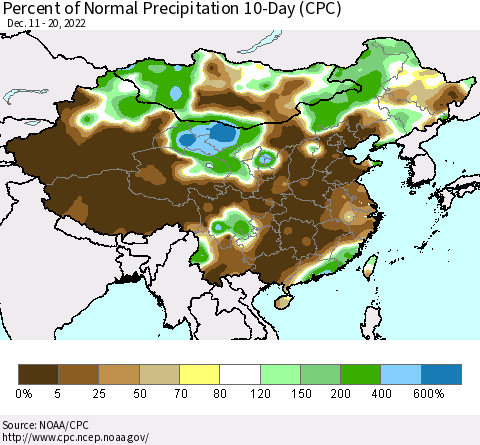 China, Mongolia and Taiwan Percent of Normal Precipitation 10-Day (CPC) Thematic Map For 12/11/2022 - 12/20/2022