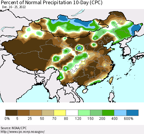 China, Mongolia and Taiwan Percent of Normal Precipitation 10-Day (CPC) Thematic Map For 12/16/2022 - 12/25/2022