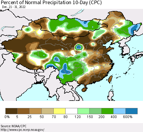 China, Mongolia and Taiwan Percent of Normal Precipitation 10-Day (CPC) Thematic Map For 12/21/2022 - 12/31/2022
