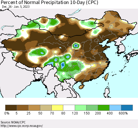 China, Mongolia and Taiwan Percent of Normal Precipitation 10-Day (CPC) Thematic Map For 12/26/2022 - 1/5/2023
