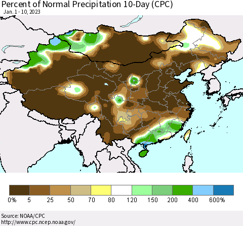 China, Mongolia and Taiwan Percent of Normal Precipitation 10-Day (CPC) Thematic Map For 1/1/2023 - 1/10/2023