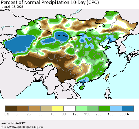 China, Mongolia and Taiwan Percent of Normal Precipitation 10-Day (CPC) Thematic Map For 1/6/2023 - 1/15/2023