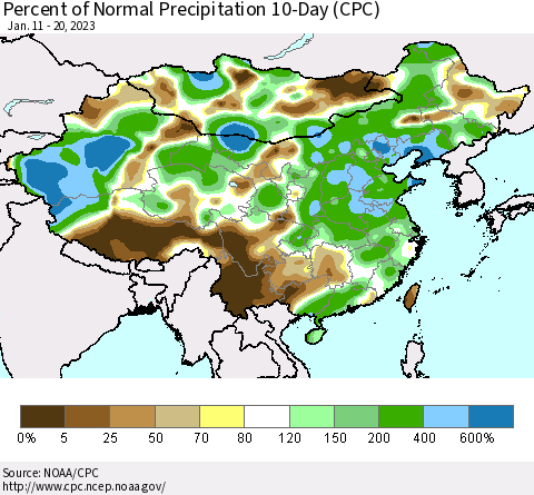 China, Mongolia and Taiwan Percent of Normal Precipitation 10-Day (CPC) Thematic Map For 1/11/2023 - 1/20/2023