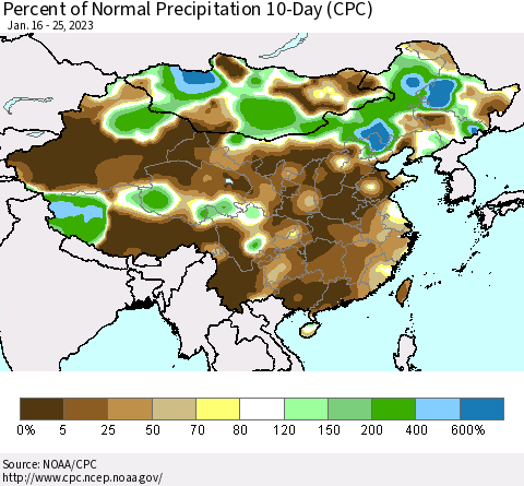 China, Mongolia and Taiwan Percent of Normal Precipitation 10-Day (CPC) Thematic Map For 1/16/2023 - 1/25/2023