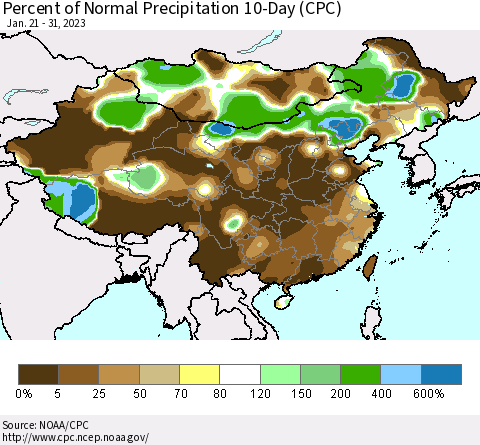 China, Mongolia and Taiwan Percent of Normal Precipitation 10-Day (CPC) Thematic Map For 1/21/2023 - 1/31/2023