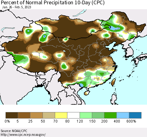 China, Mongolia and Taiwan Percent of Normal Precipitation 10-Day (CPC) Thematic Map For 1/26/2023 - 2/5/2023