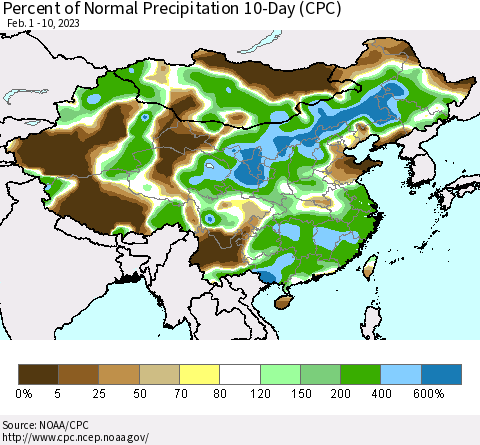 China, Mongolia and Taiwan Percent of Normal Precipitation 10-Day (CPC) Thematic Map For 2/1/2023 - 2/10/2023