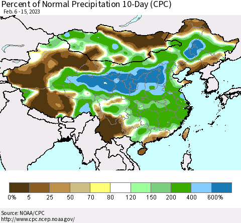 China, Mongolia and Taiwan Percent of Normal Precipitation 10-Day (CPC) Thematic Map For 2/6/2023 - 2/15/2023