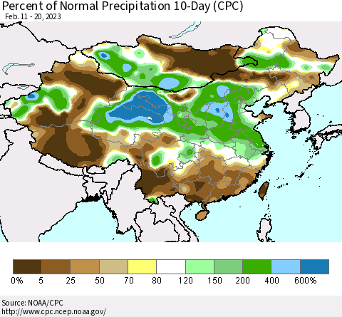 China, Mongolia and Taiwan Percent of Normal Precipitation 10-Day (CPC) Thematic Map For 2/11/2023 - 2/20/2023