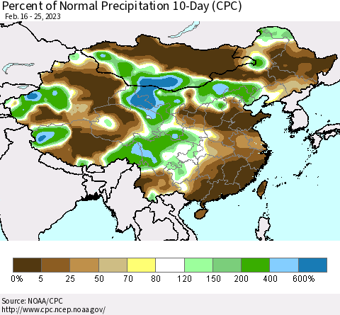 China, Mongolia and Taiwan Percent of Normal Precipitation 10-Day (CPC) Thematic Map For 2/16/2023 - 2/25/2023