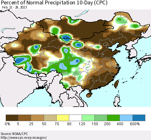China, Mongolia and Taiwan Percent of Normal Precipitation 10-Day (CPC) Thematic Map For 2/21/2023 - 2/28/2023
