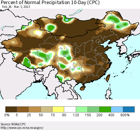 China, Mongolia and Taiwan Percent of Normal Precipitation 10-Day (CPC) Thematic Map For 2/26/2023 - 3/5/2023