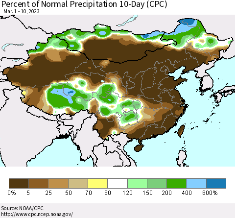 China, Mongolia and Taiwan Percent of Normal Precipitation 10-Day (CPC) Thematic Map For 3/1/2023 - 3/10/2023