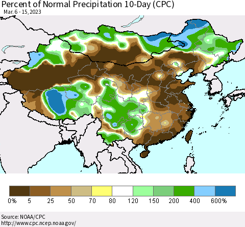 China, Mongolia and Taiwan Percent of Normal Precipitation 10-Day (CPC) Thematic Map For 3/6/2023 - 3/15/2023