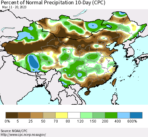 China, Mongolia and Taiwan Percent of Normal Precipitation 10-Day (CPC) Thematic Map For 3/11/2023 - 3/20/2023