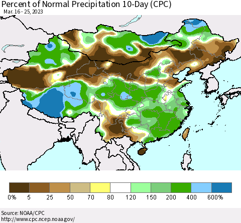 China, Mongolia and Taiwan Percent of Normal Precipitation 10-Day (CPC) Thematic Map For 3/16/2023 - 3/25/2023