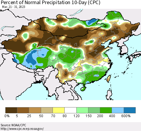 China, Mongolia and Taiwan Percent of Normal Precipitation 10-Day (CPC) Thematic Map For 3/21/2023 - 3/31/2023