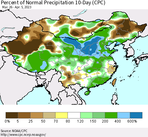 China, Mongolia and Taiwan Percent of Normal Precipitation 10-Day (CPC) Thematic Map For 3/26/2023 - 4/5/2023