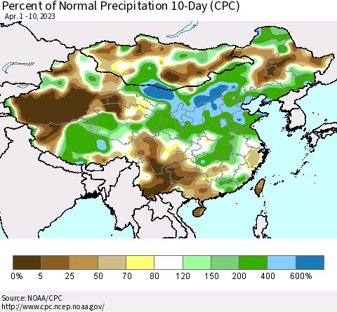 China, Mongolia and Taiwan Percent of Normal Precipitation 10-Day (CPC) Thematic Map For 4/1/2023 - 4/10/2023