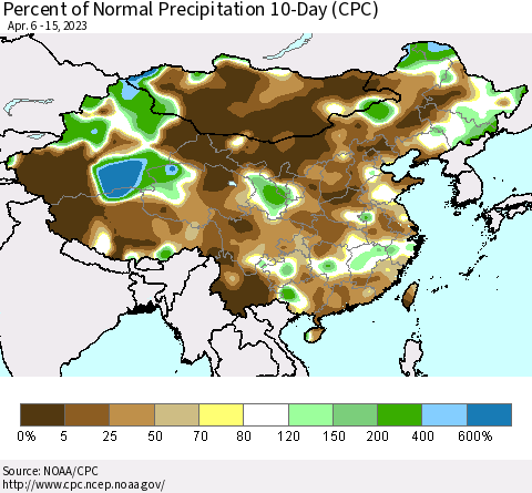 China, Mongolia and Taiwan Percent of Normal Precipitation 10-Day (CPC) Thematic Map For 4/6/2023 - 4/15/2023
