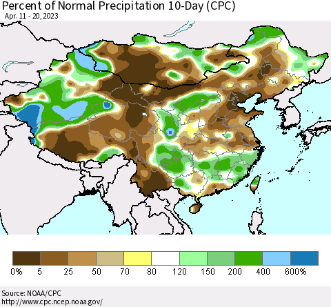 China, Mongolia and Taiwan Percent of Normal Precipitation 10-Day (CPC) Thematic Map For 4/11/2023 - 4/20/2023