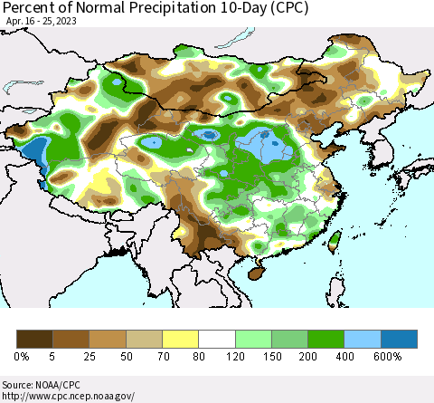 China, Mongolia and Taiwan Percent of Normal Precipitation 10-Day (CPC) Thematic Map For 4/16/2023 - 4/25/2023
