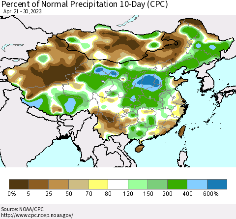 China, Mongolia and Taiwan Percent of Normal Precipitation 10-Day (CPC) Thematic Map For 4/21/2023 - 4/30/2023
