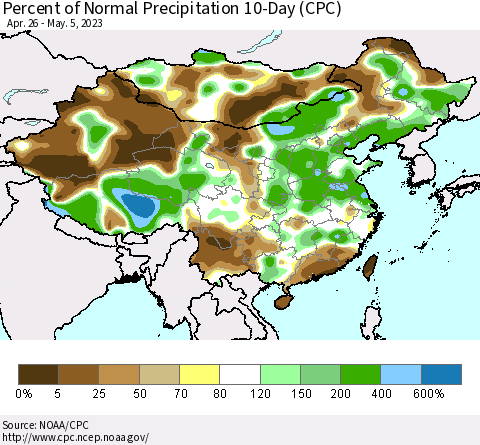 China, Mongolia and Taiwan Percent of Normal Precipitation 10-Day (CPC) Thematic Map For 4/26/2023 - 5/5/2023