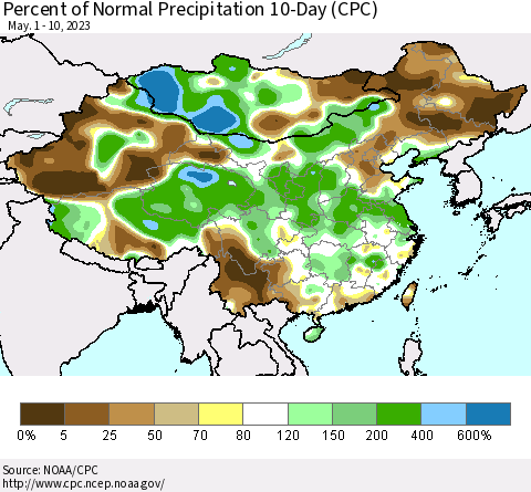 China, Mongolia and Taiwan Percent of Normal Precipitation 10-Day (CPC) Thematic Map For 5/1/2023 - 5/10/2023