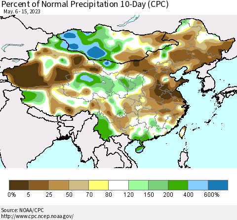 China, Mongolia and Taiwan Percent of Normal Precipitation 10-Day (CPC) Thematic Map For 5/6/2023 - 5/15/2023