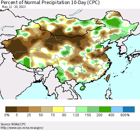 China, Mongolia and Taiwan Percent of Normal Precipitation 10-Day (CPC) Thematic Map For 5/11/2023 - 5/20/2023