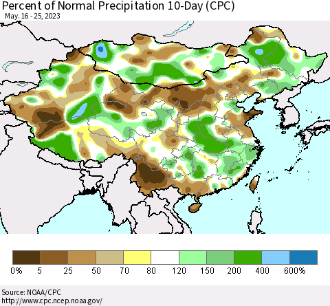 China, Mongolia and Taiwan Percent of Normal Precipitation 10-Day (CPC) Thematic Map For 5/16/2023 - 5/25/2023