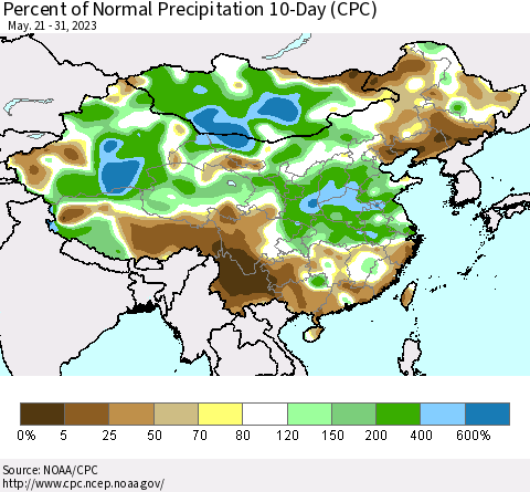 China, Mongolia and Taiwan Percent of Normal Precipitation 10-Day (CPC) Thematic Map For 5/21/2023 - 5/31/2023