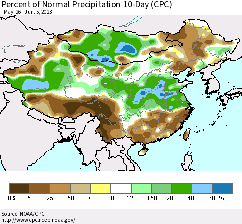 China, Mongolia and Taiwan Percent of Normal Precipitation 10-Day (CPC) Thematic Map For 5/26/2023 - 6/5/2023