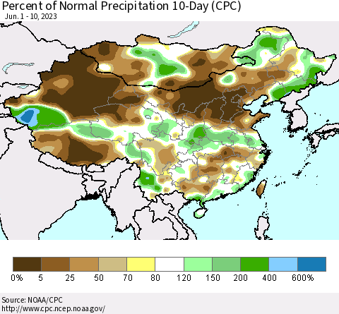 China, Mongolia and Taiwan Percent of Normal Precipitation 10-Day (CPC) Thematic Map For 6/1/2023 - 6/10/2023