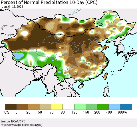 China, Mongolia and Taiwan Percent of Normal Precipitation 10-Day (CPC) Thematic Map For 6/6/2023 - 6/15/2023