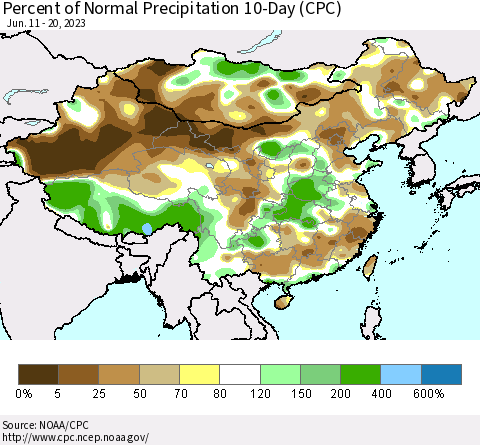 China, Mongolia and Taiwan Percent of Normal Precipitation 10-Day (CPC) Thematic Map For 6/11/2023 - 6/20/2023