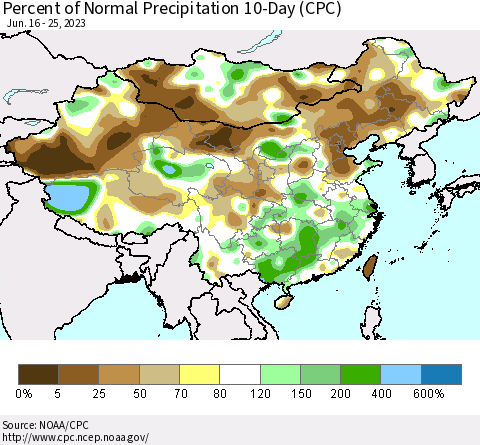 China, Mongolia and Taiwan Percent of Normal Precipitation 10-Day (CPC) Thematic Map For 6/16/2023 - 6/25/2023