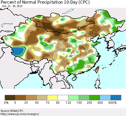 China, Mongolia and Taiwan Percent of Normal Precipitation 10-Day (CPC) Thematic Map For 6/21/2023 - 6/30/2023